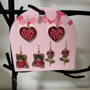 3pk Dangling Earrings-Heart, Bear & Roses